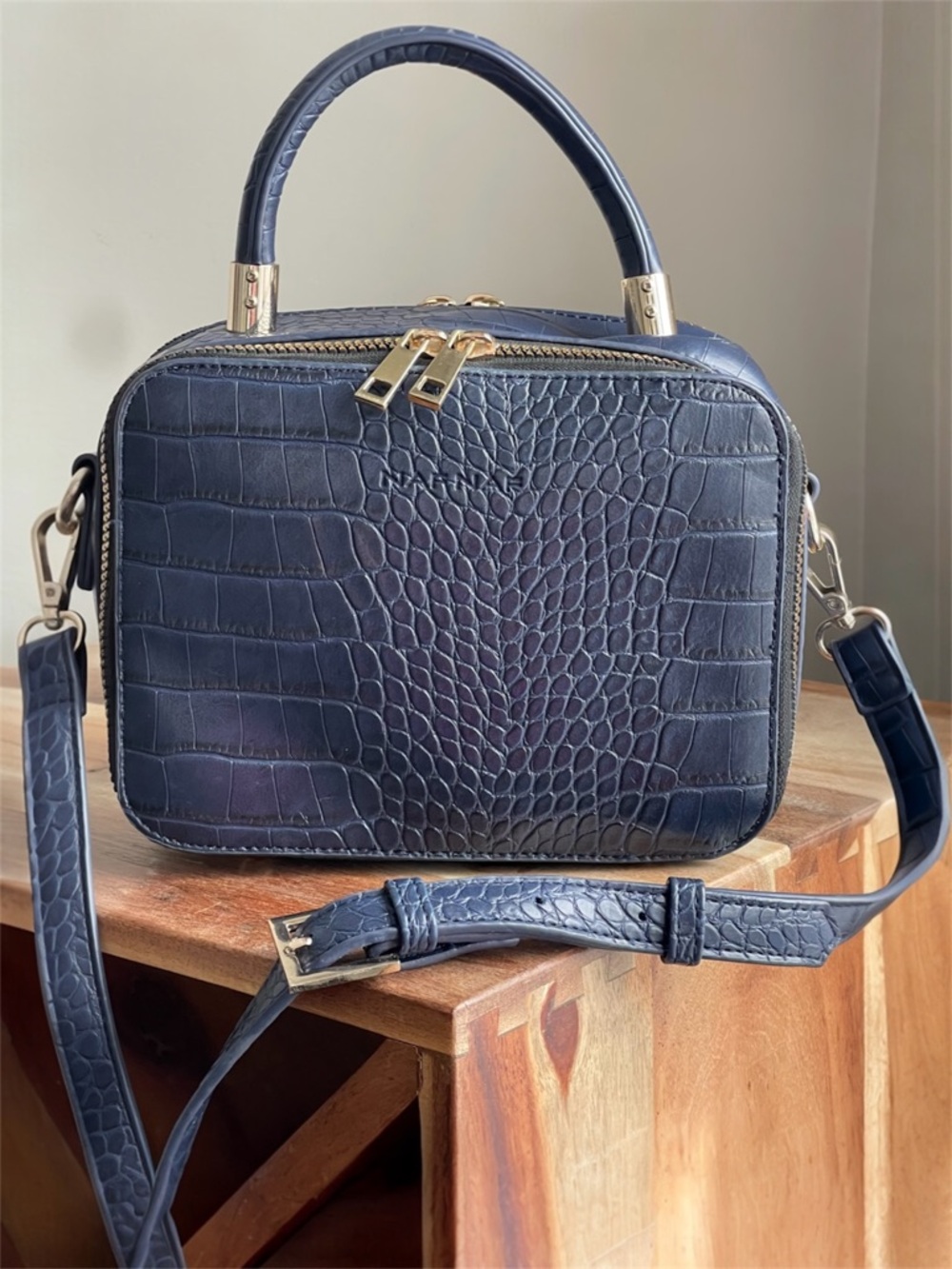 NAF NAF Parisian Embossed Blue Crossbody Camera Leather Bag/Handbag | Structured
